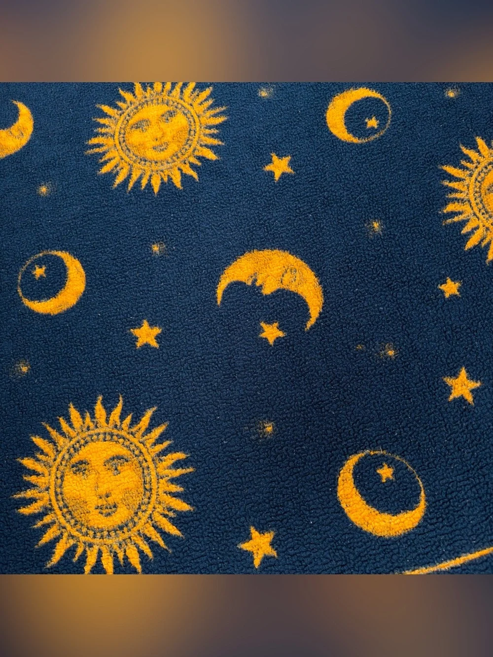 Vintage Biederlack Celestial Sun Moon Stars Blanket Reversible Fleece 52x73 Gold